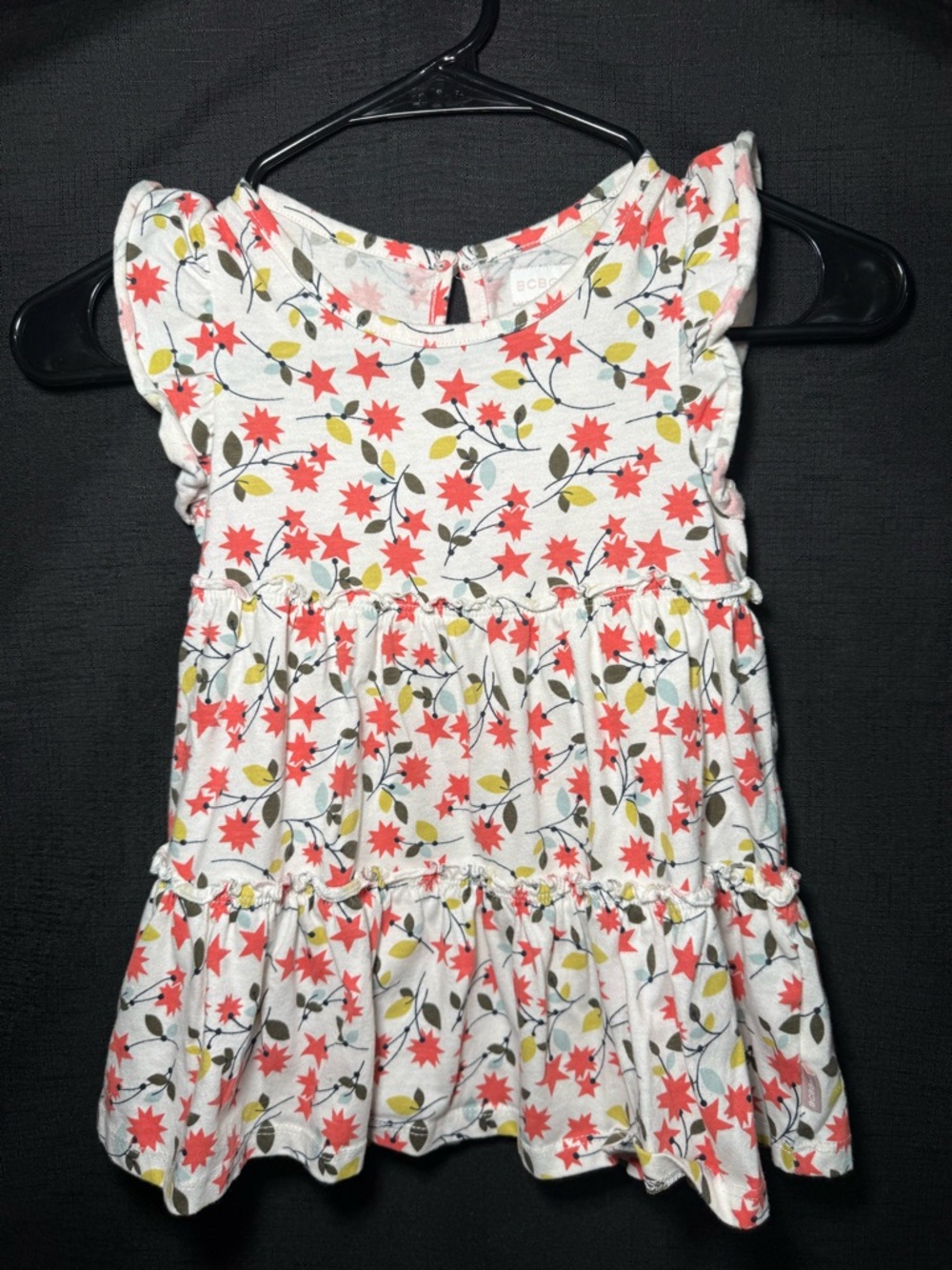 BCBGirls White Dress with Coral Floral Print and Olive Leaves
